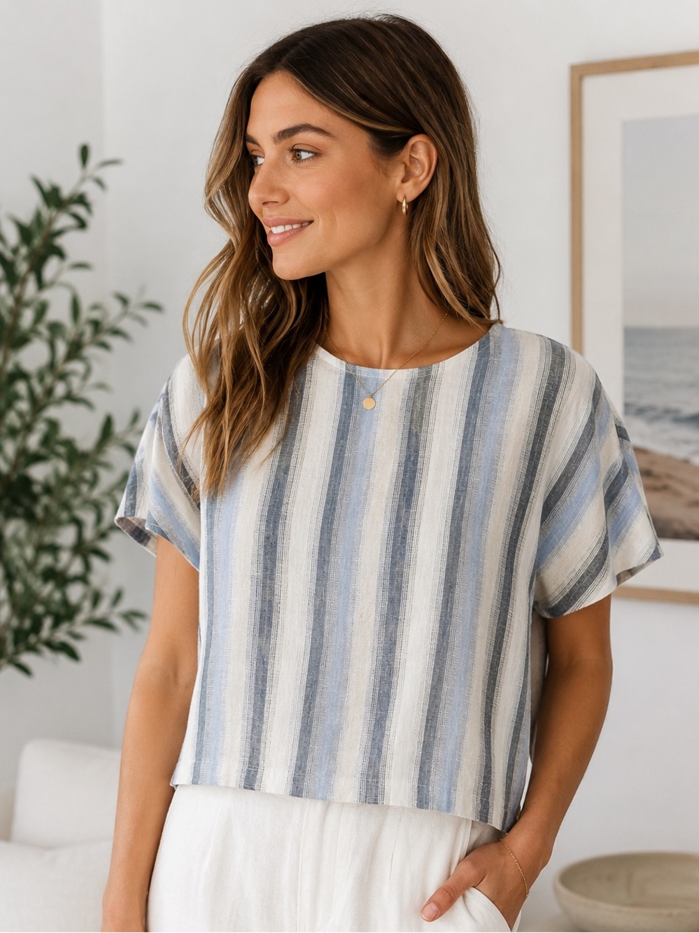 JNY Jones New York 100% Linen Striped Crop Top Blue Beige White Size S NWT